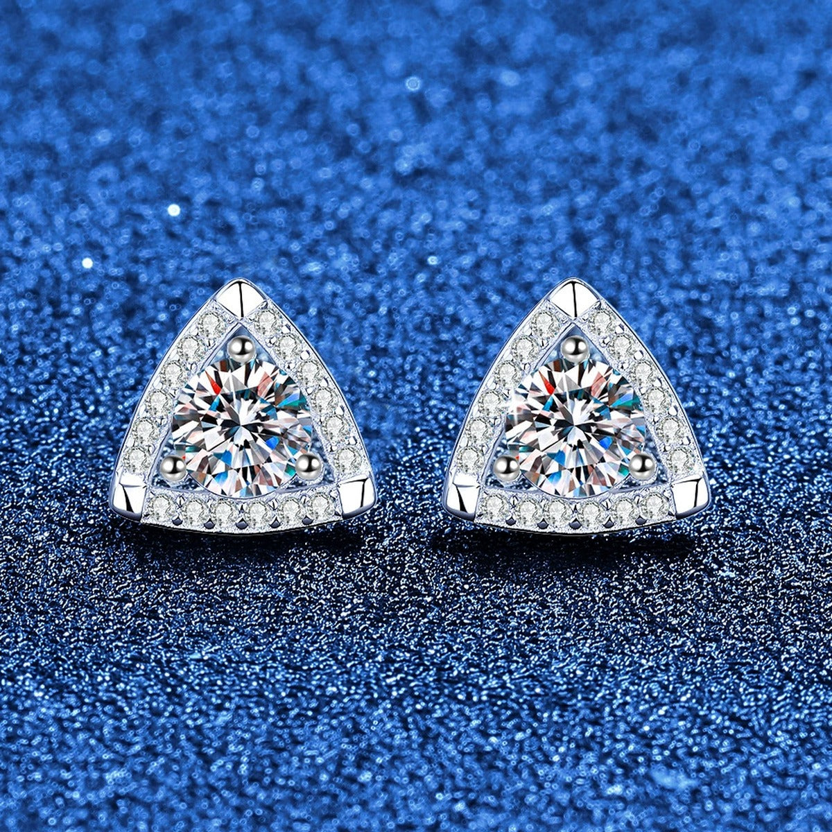Triangle Halo Moissanite Stud Earrings in White Gold-Plated S925 Sterling Silver with CZ blue scene product view