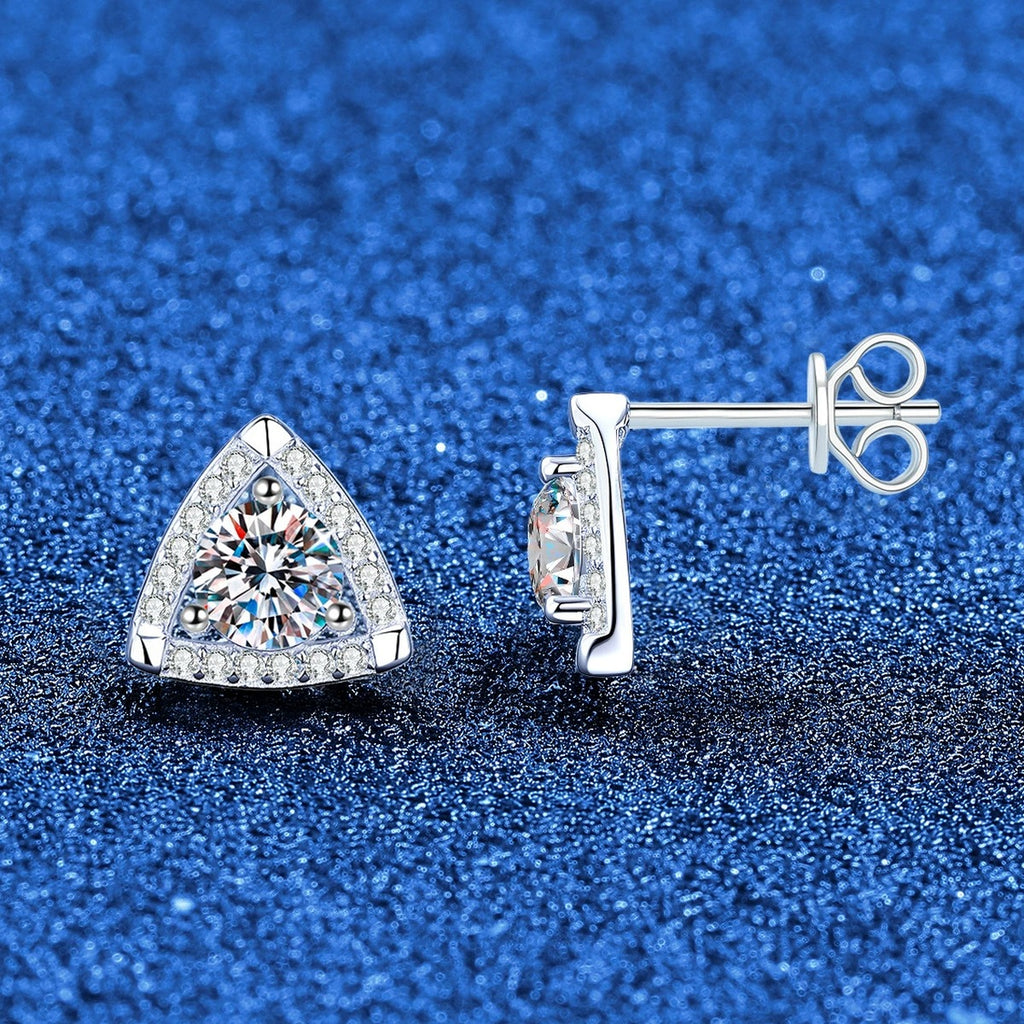 Triangle Halo Moissanite Stud Earrings in White Gold-Plated S925 Sterling Silver with CZ blue scene angled view
