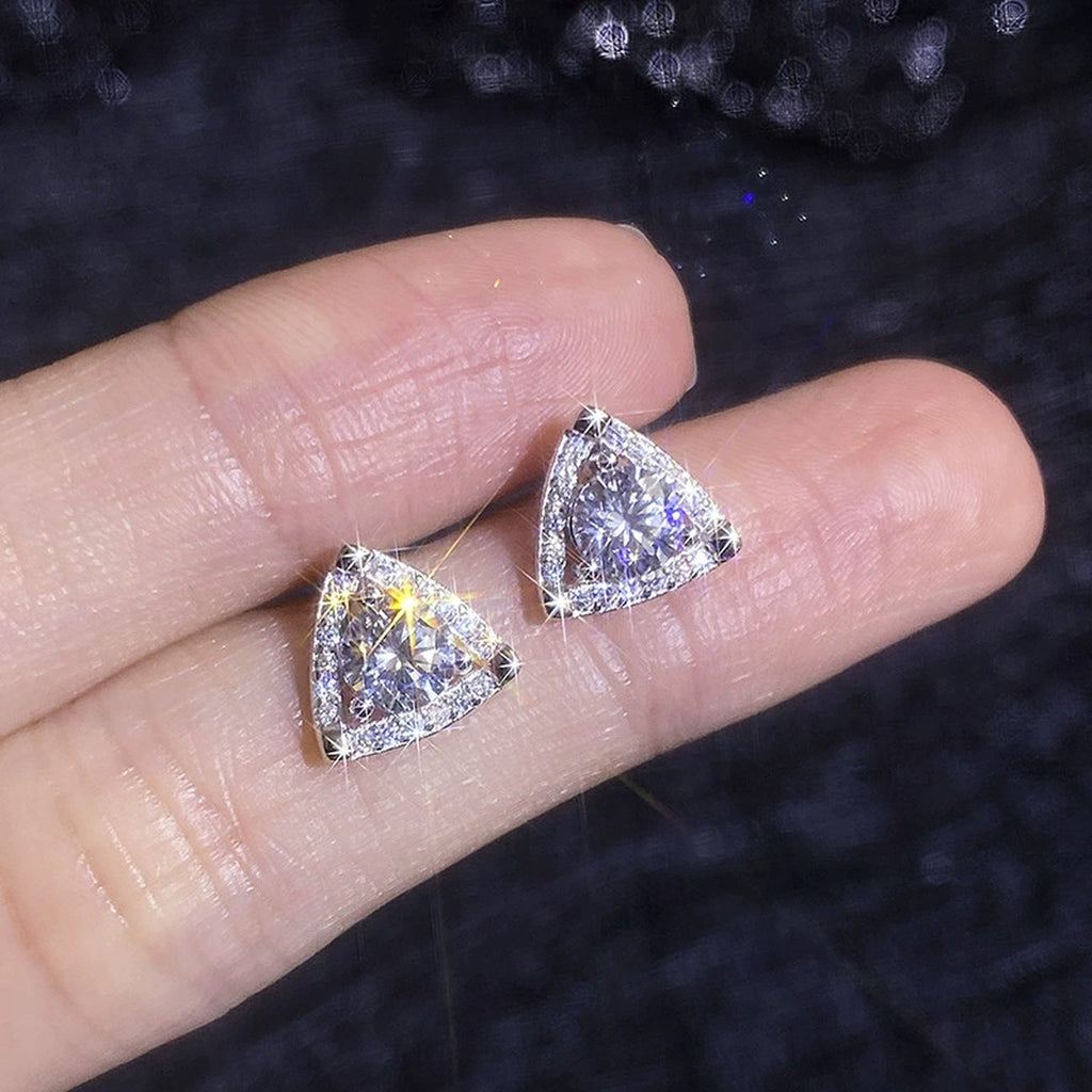 Triangle Halo Moissanite Stud Earrings in White Gold-Plated S925 Sterling Silver with CZ close-up product detail view