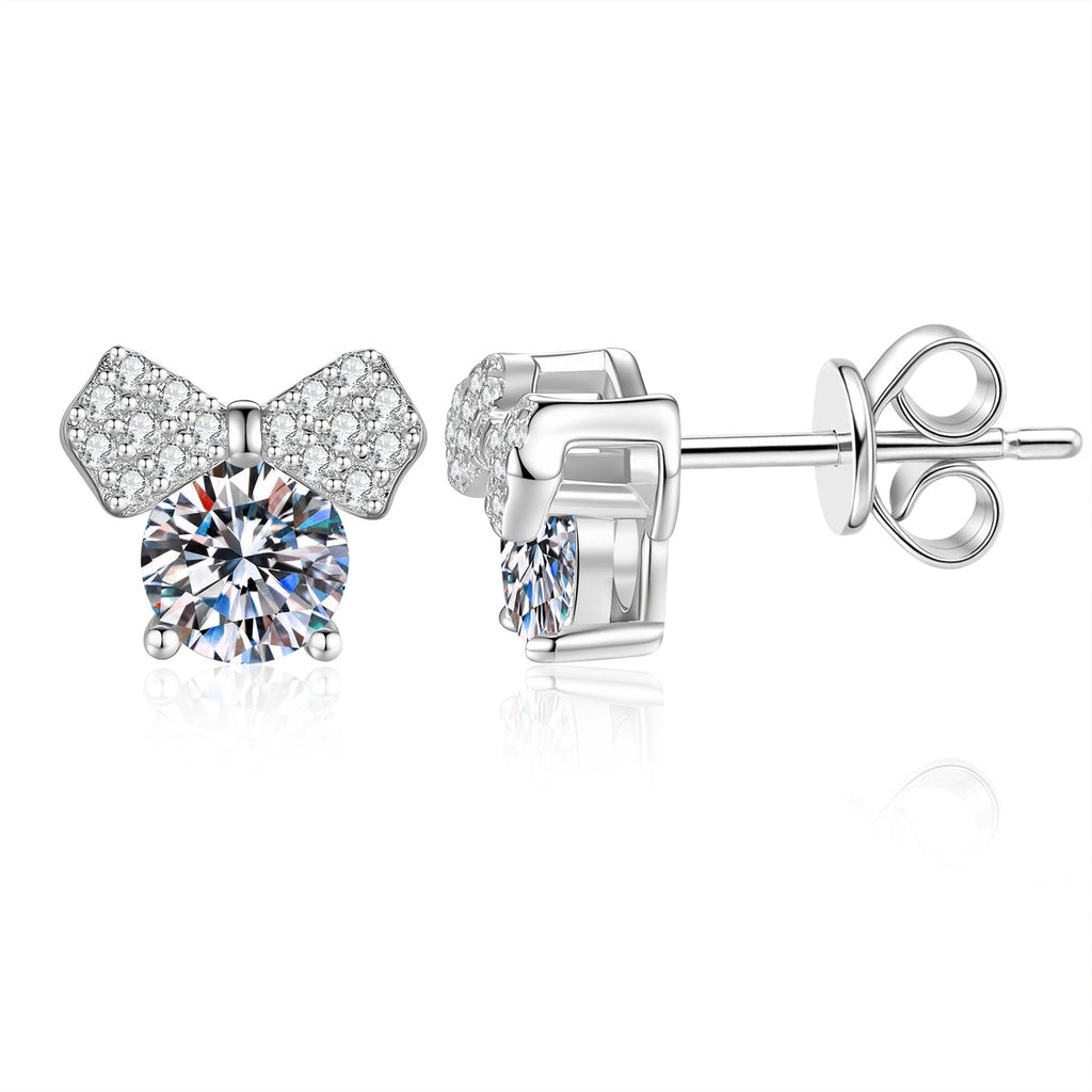 Bow Moissanite Stud Earrings in White Gold-Plated S925 Sterling Silver with CZ on clean white background showing a bow stud silhouette