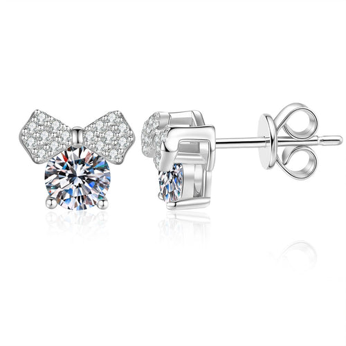 Bow Moissanite Stud Earrings in White Gold-Plated S925 Sterling Silver with CZ on clean white background showing a bow stud silhouette
