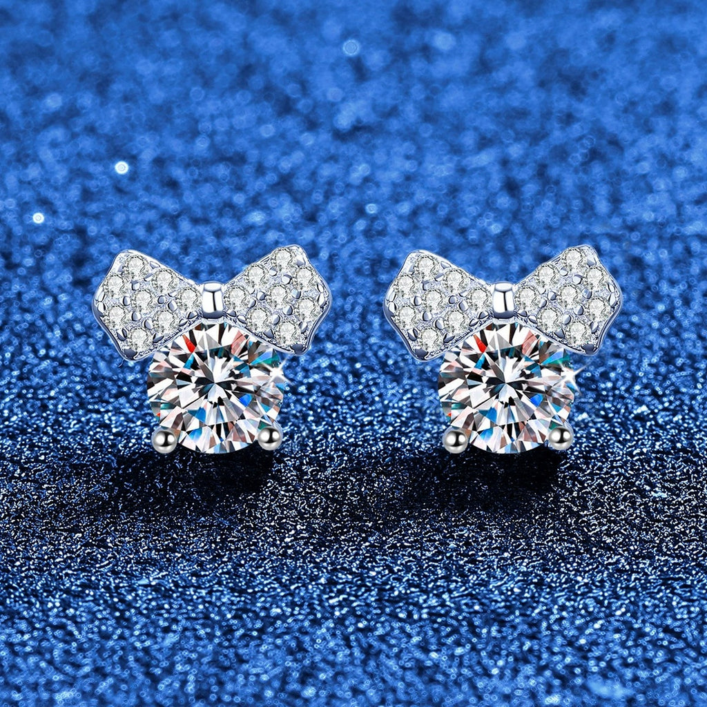 Bow Moissanite Stud Earrings in White Gold-Plated S925 Sterling Silver with CZ blue scene product view