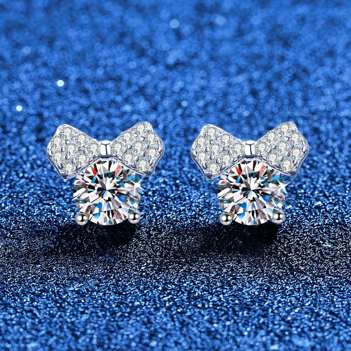 Bow Moissanite Stud Earrings in White Gold-Plated S925 Sterling Silver with CZ blue scene product view