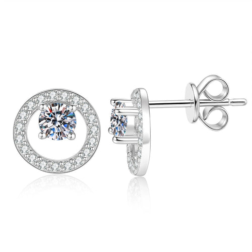 Circle Halo Moissanite Stud Earrings in White Gold-Plated S925 Sterling Silver with CZ on clean white background showing a circle halo stud silhouette
