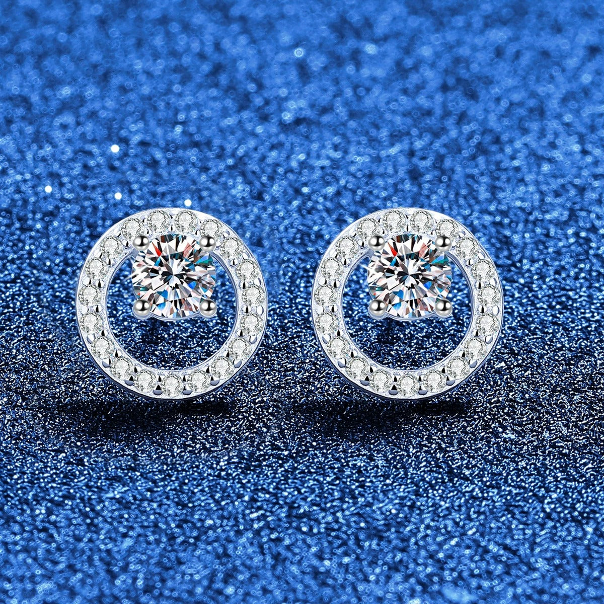 Circle Halo Moissanite Stud Earrings in White Gold-Plated S925 Sterling Silver with CZ blue scene product view