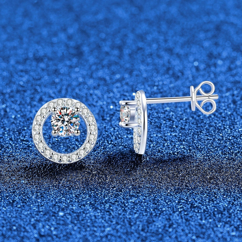 Circle Halo Moissanite Stud Earrings in White Gold-Plated S925 Sterling Silver with CZ blue scene angled view
