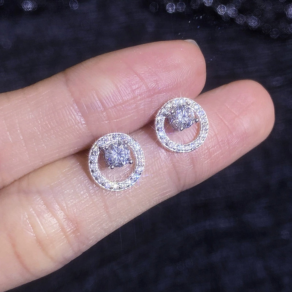 Circle Halo Moissanite Stud Earrings in White Gold-Plated S925 Sterling Silver with CZ close-up product detail view