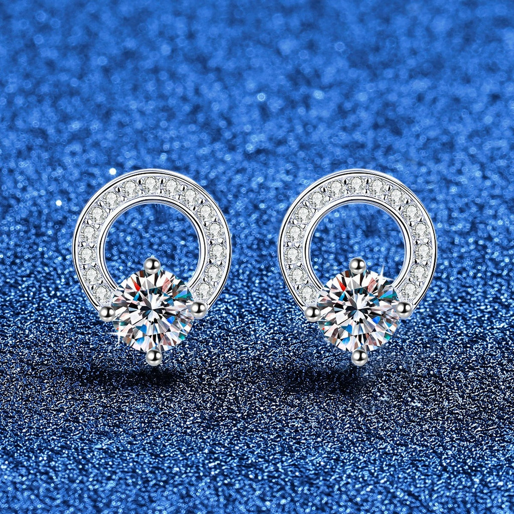 Open Circle Moissanite Stud Earrings in White Gold-Plated S925 Sterling Silver with CZ blue scene product view