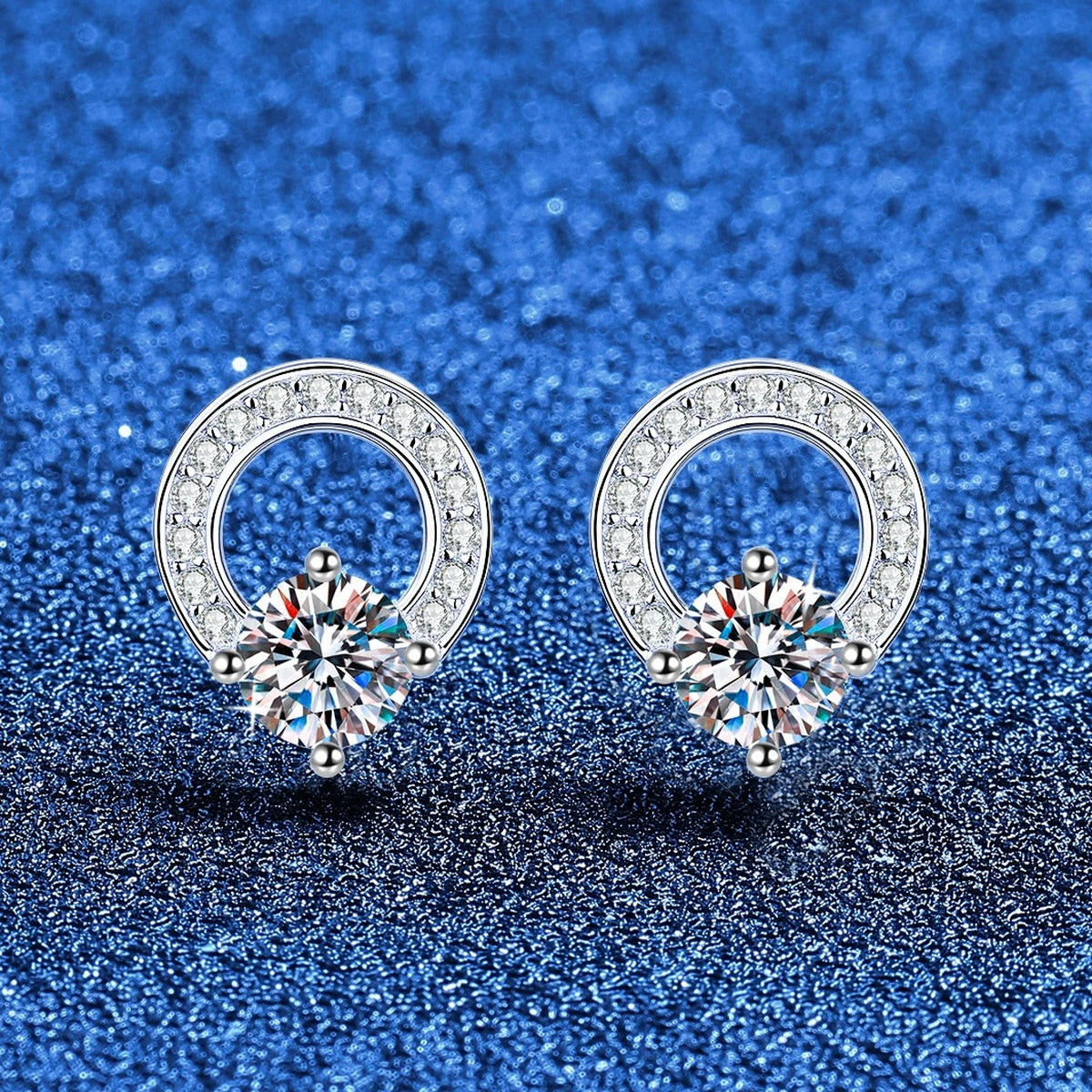 Open Circle Moissanite Stud Earrings in White Gold-Plated S925 Sterling Silver with CZ blue scene product view
