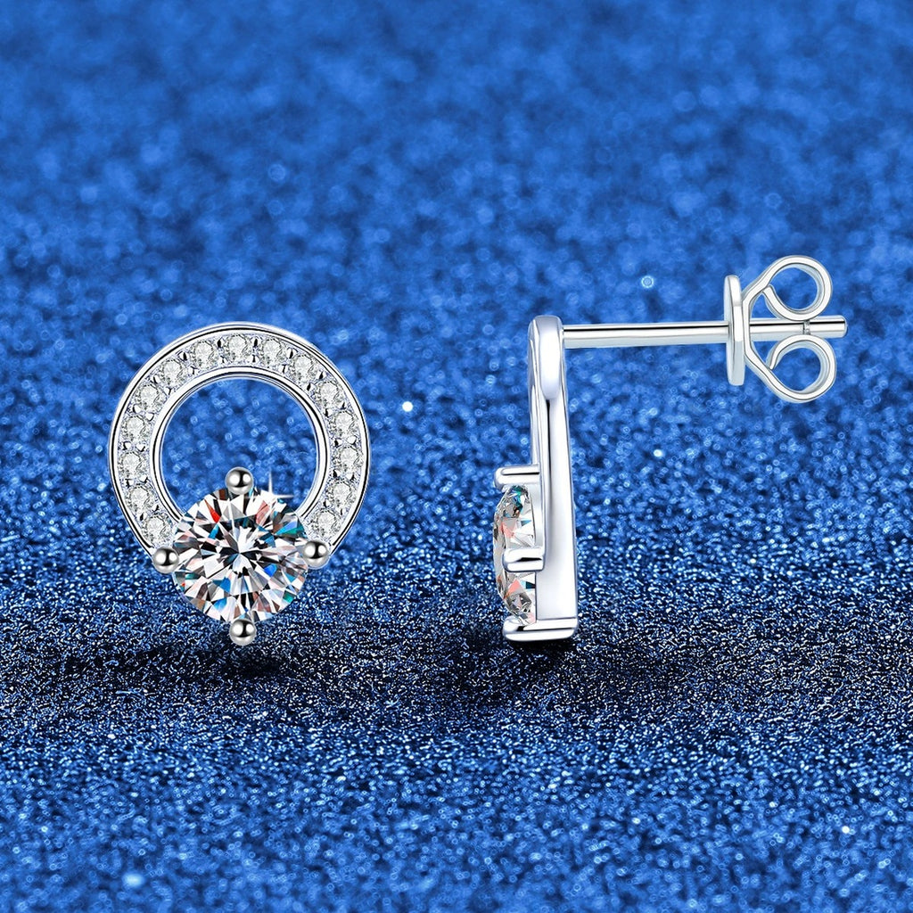 Open Circle Moissanite Stud Earrings in White Gold-Plated S925 Sterling Silver with CZ blue scene angled view