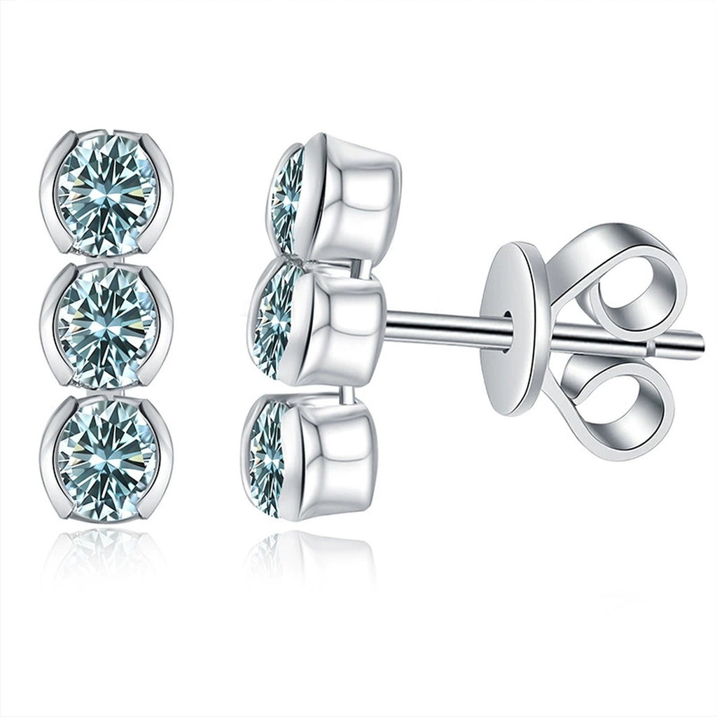 Green Moissanite Three-Stone Stud Earrings in White Gold-Plated S925 Sterling Silver on clean white background showing a vertical three-stone green moissanite stud silhouette