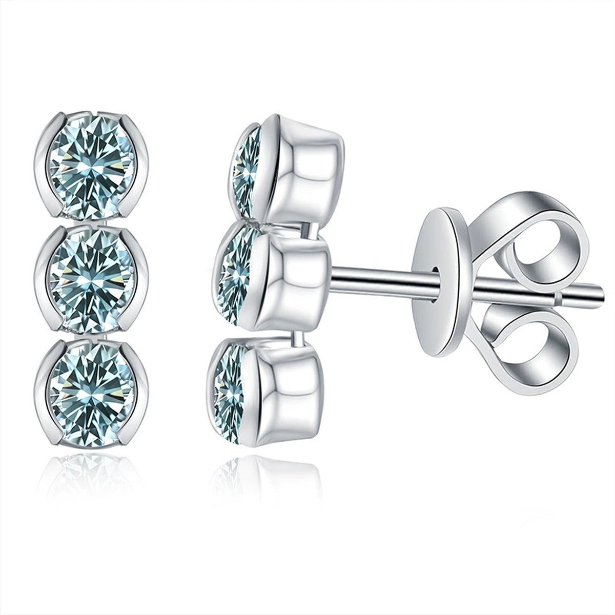 Green Moissanite Three-Stone Stud Earrings in White Gold-Plated S925 Sterling Silver on clean white background showing a vertical three-stone green moissanite stud silhouette