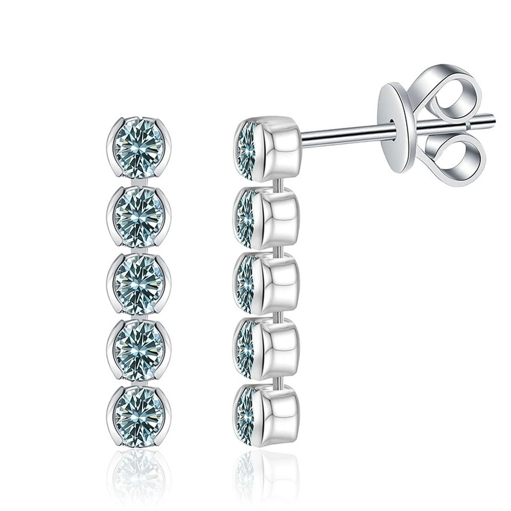Green Moissanite Line Stud Earrings in White Gold-Plated S925 Silver on clean white background showing the pair and vertical line stud earrings set with green moissanite stones