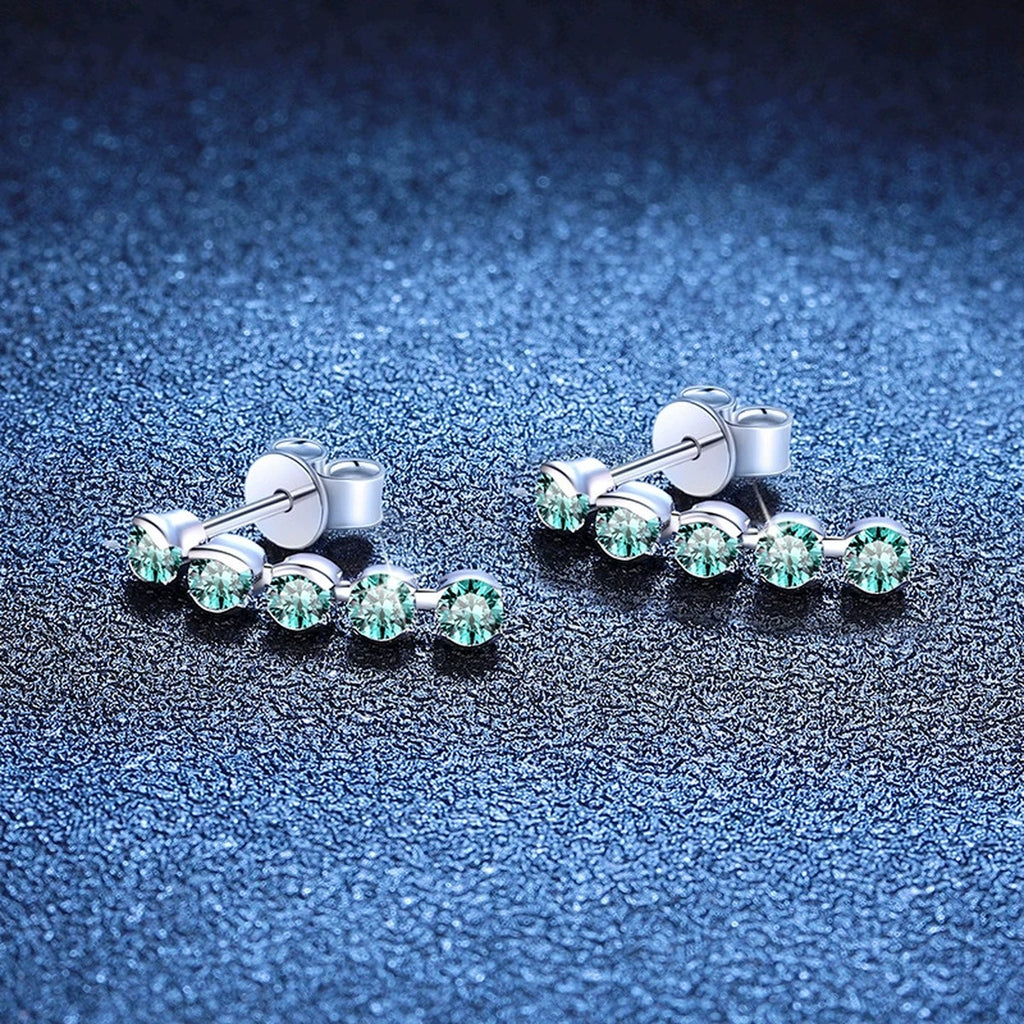 Green Moissanite Line Stud Earrings in White Gold-Plated S925 Silver blue scene close-up view