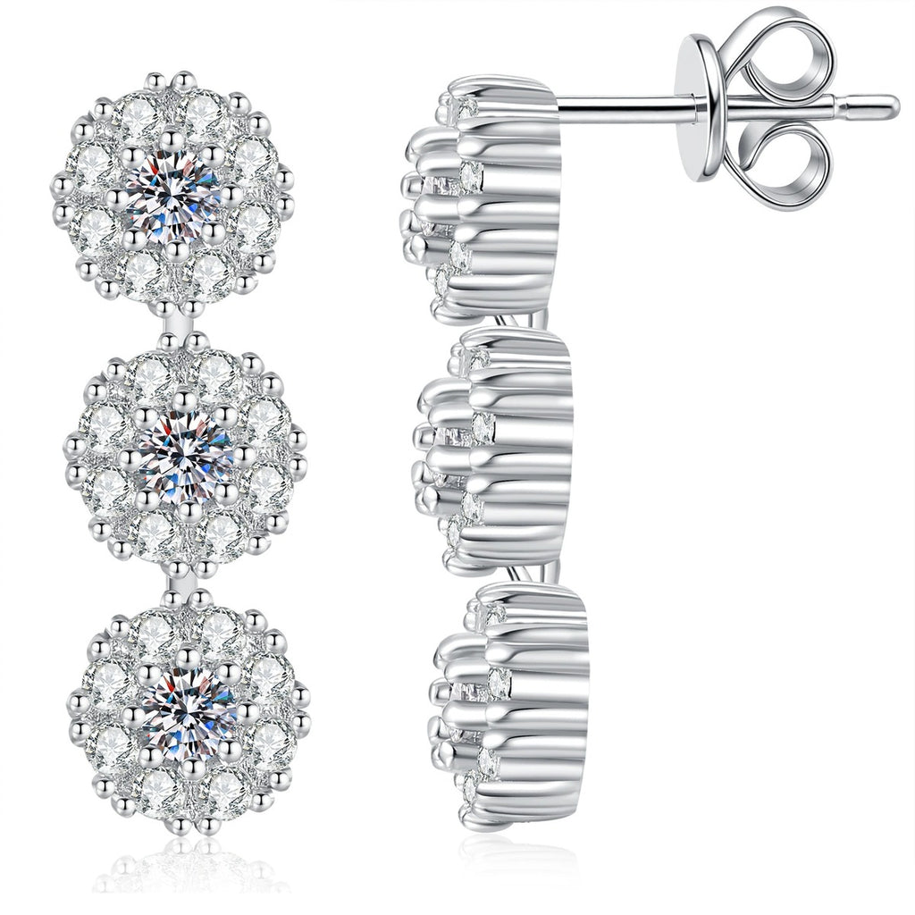Triple Cluster Moissanite Drop Earrings with CZ in White Gold-Plated S925 on clean white background showing the pair and linear three-cluster drop earrings with round moissanite centers