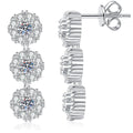 Triple Cluster Moissanite Drop Earrings with CZ in White Gold-Plated S925 on clean white background showing the pair and linear three-cluster drop earrings with round moissanite centers