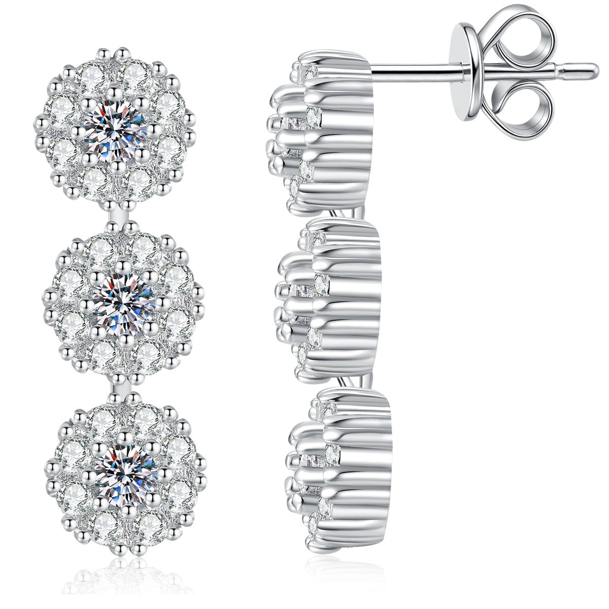 Triple Cluster Moissanite Drop Earrings with CZ in White Gold-Plated S925 on clean white background showing the pair and linear three-cluster drop earrings with round moissanite centers