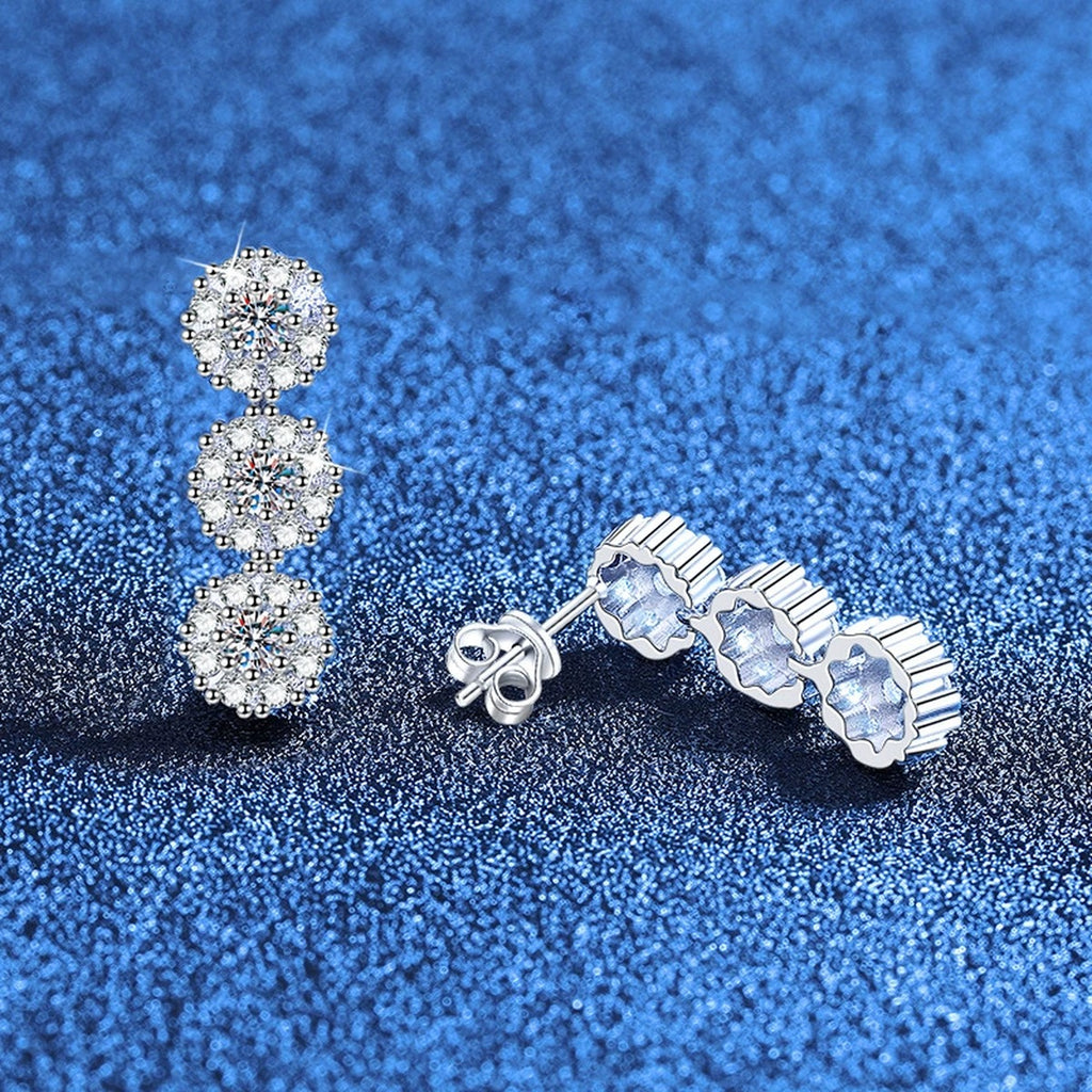 Triple Cluster Moissanite Drop Earrings with CZ in White Gold-Plated S925 blue scene product view