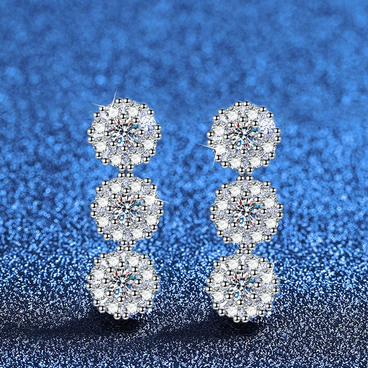 Triple Cluster Moissanite Drop Earrings with CZ in White Gold-Plated S925 blue scene angled view