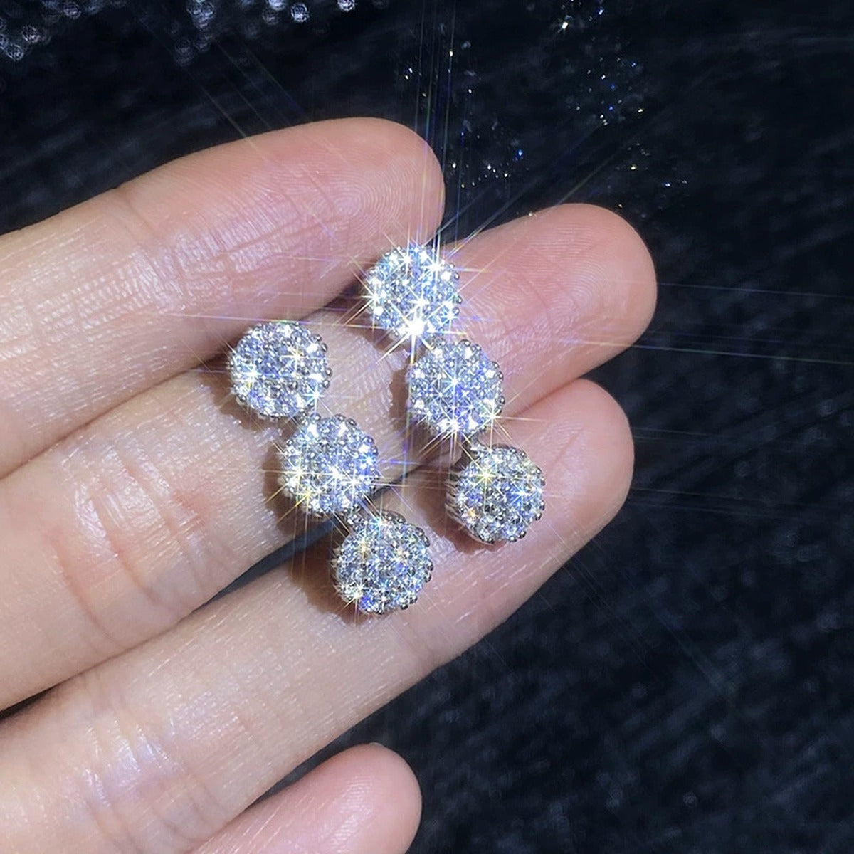 Triple Cluster Moissanite Drop Earrings with CZ in White Gold-Plated S925 close-up product detail view