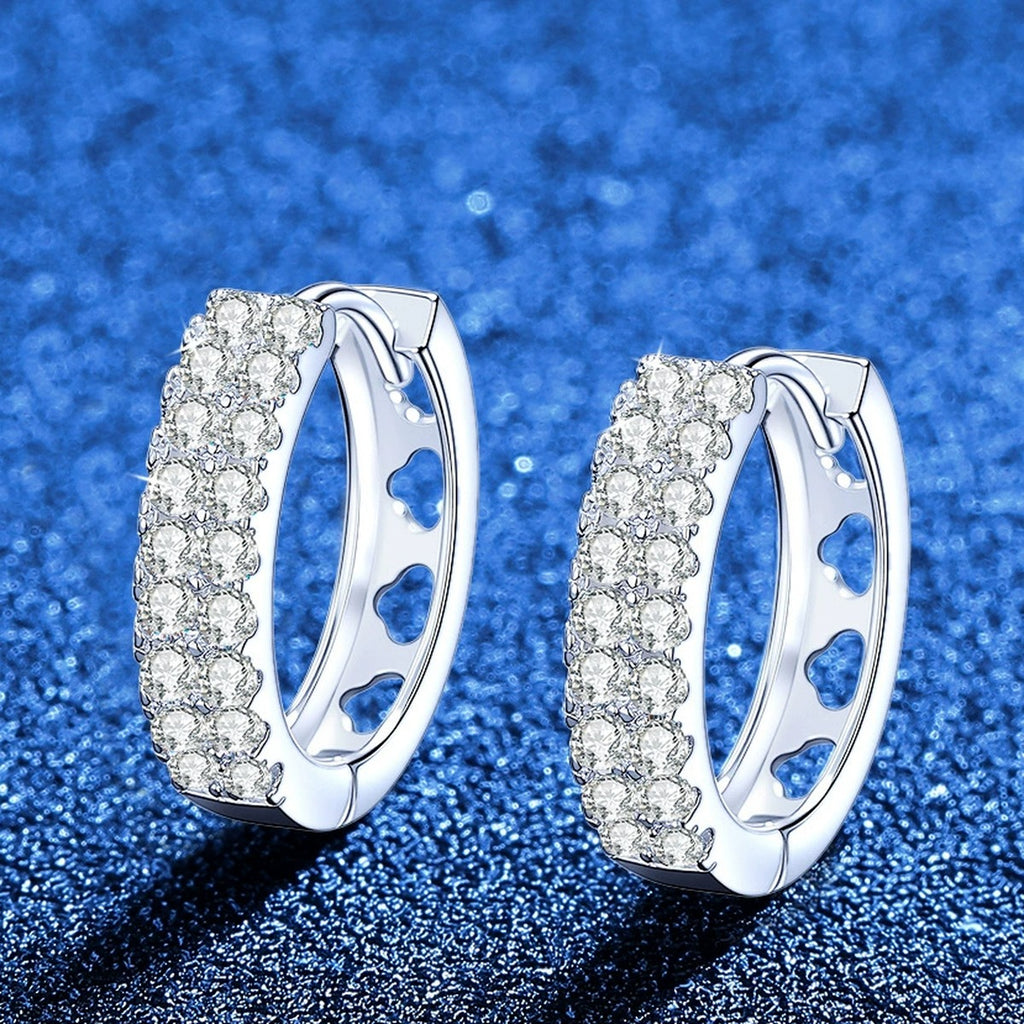 Pavé Moissanite Hoop Earrings in White Gold-Plated S925 Sterling Silver blue scene angled view