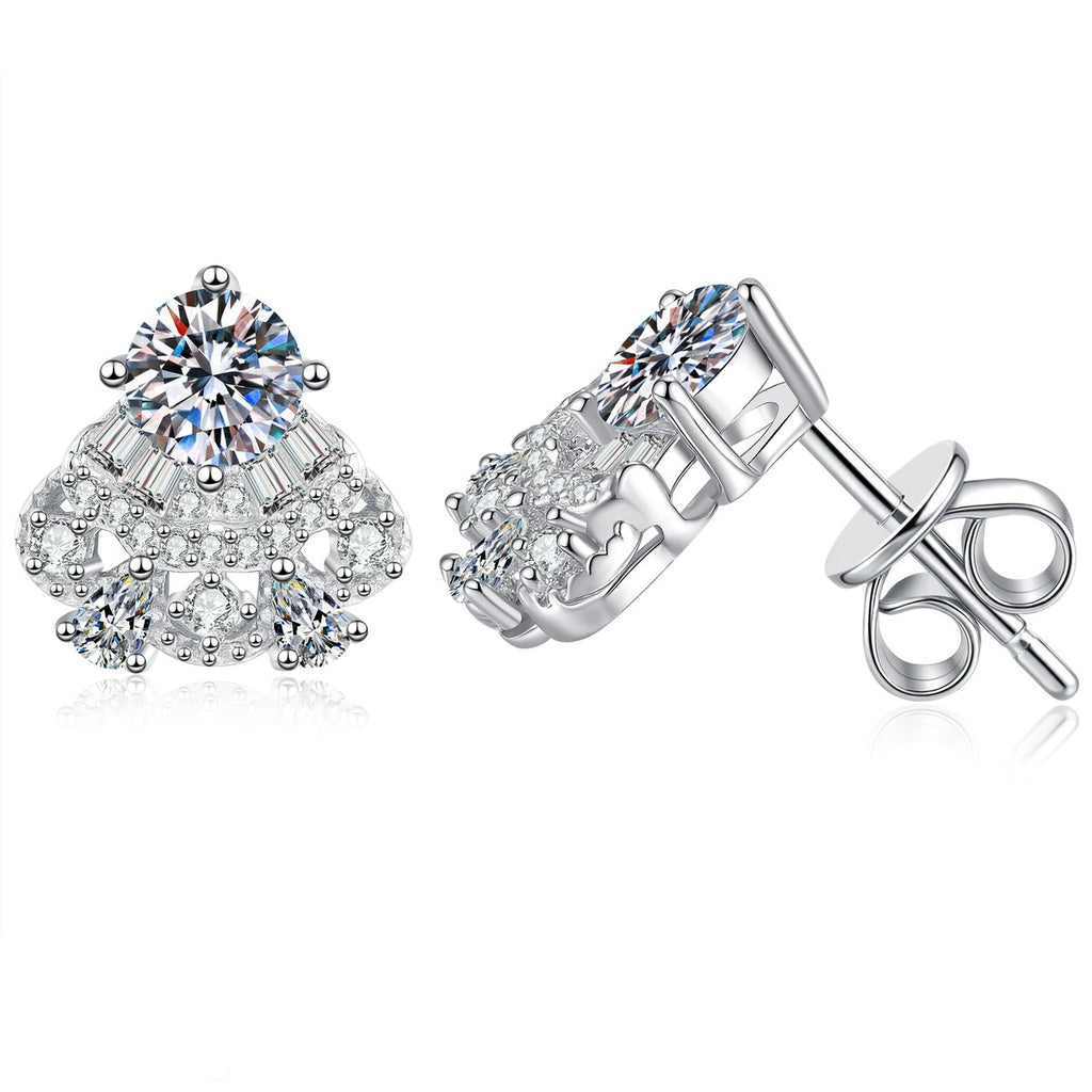 Fan Halo Moissanite Stud Earrings with CZ in White Gold-Plated S925 on clean white background showing the pair and fan-shaped stud earrings with a round moissanite top and pavé lower arc