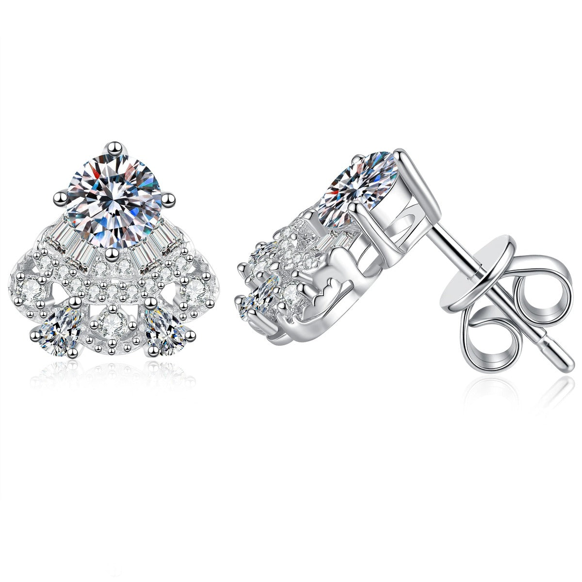 Fan Halo Moissanite Stud Earrings with CZ in White Gold-Plated S925 on clean white background showing the pair and fan-shaped stud earrings with a round moissanite top and pavé lower arc