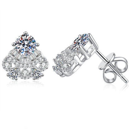 Fan Halo Moissanite Stud Earrings with CZ in White Gold-Plated S925 on clean white background showing the pair and fan-shaped stud earrings with a round moissanite top and pavé lower arc