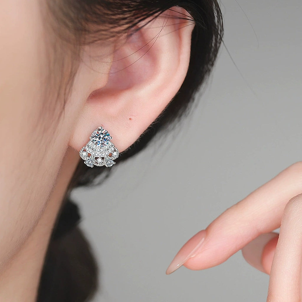 Fan Halo Moissanite Stud Earrings with CZ in White Gold-Plated S925 worn on ear by model