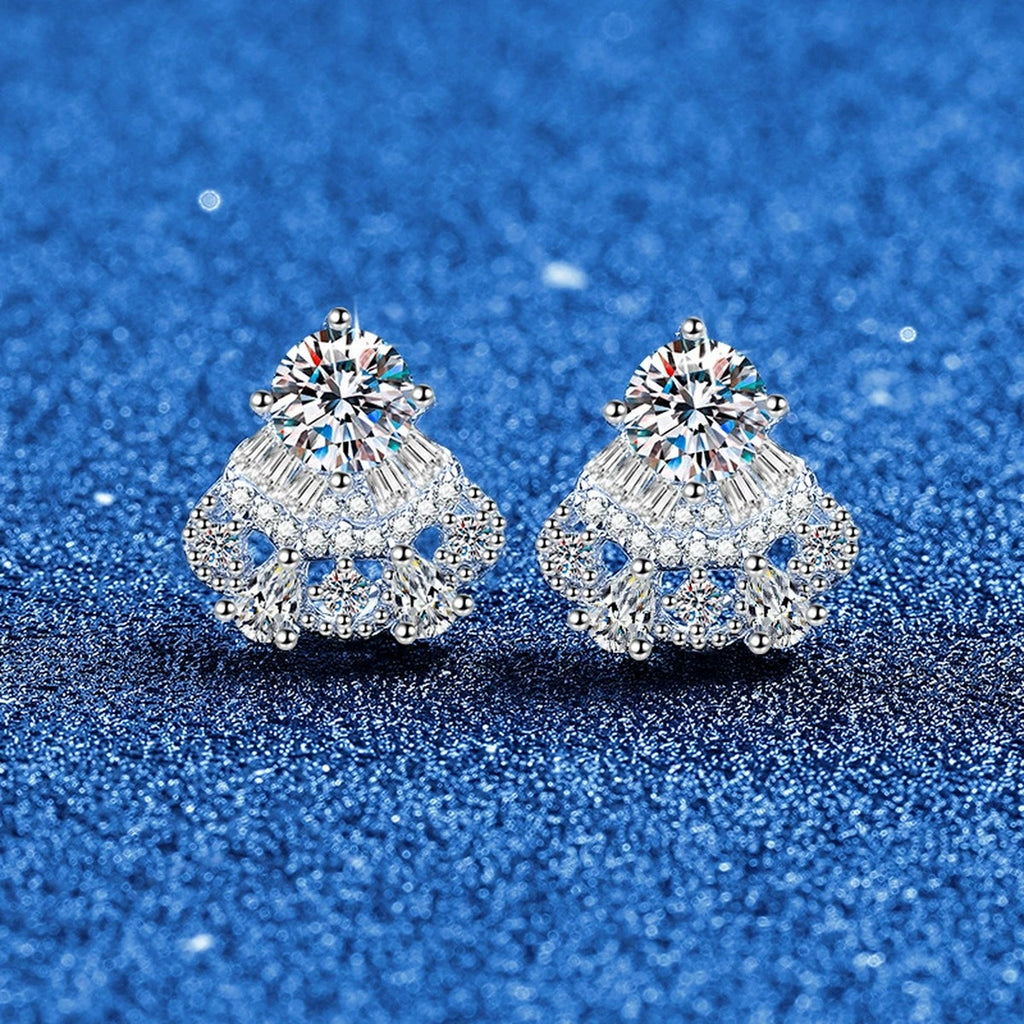 Fan Halo Moissanite Stud Earrings with CZ in White Gold-Plated S925 blue scene product view