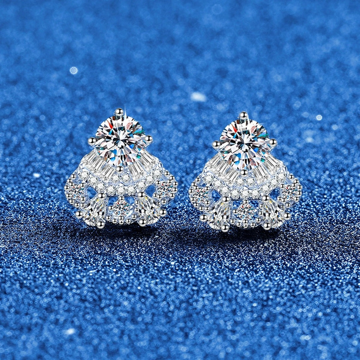 Fan Halo Moissanite Stud Earrings with CZ in White Gold-Plated S925 blue scene product view