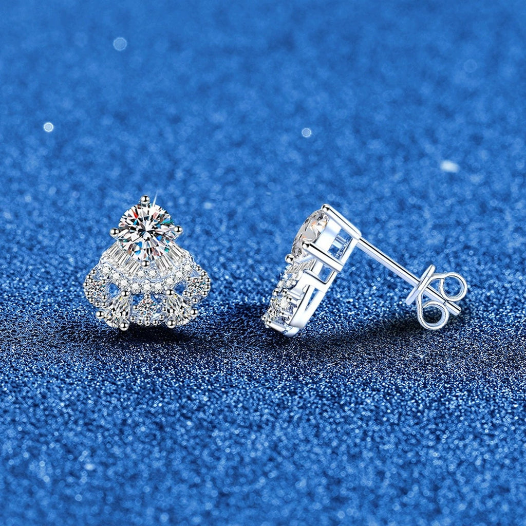 Fan Halo Moissanite Stud Earrings with CZ in White Gold-Plated S925 blue scene angled view