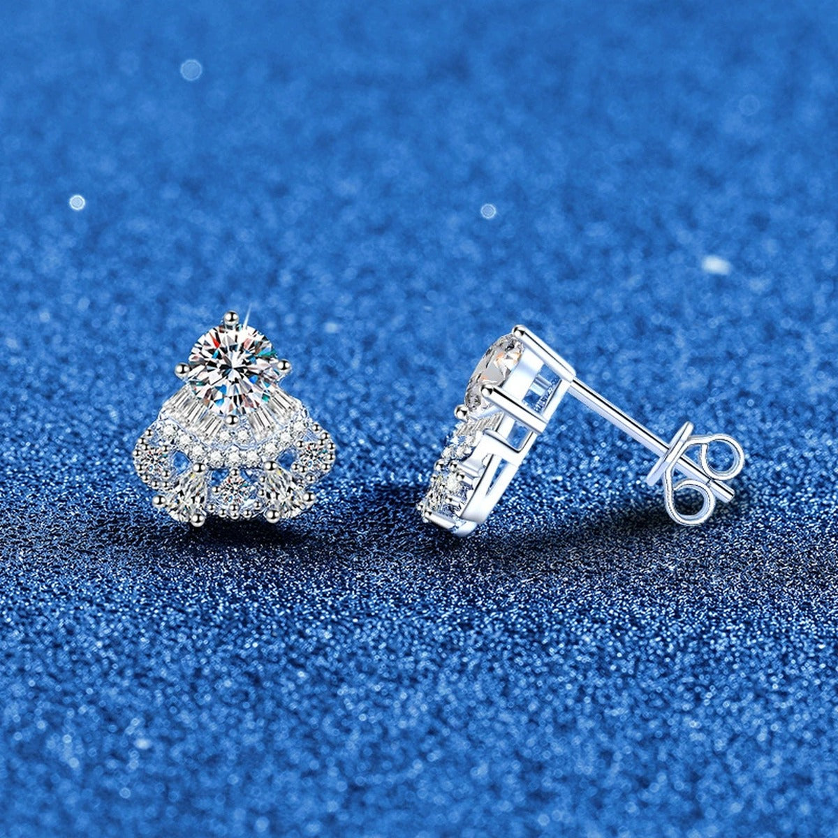 Fan Halo Moissanite Stud Earrings with CZ in White Gold-Plated S925 blue scene angled view