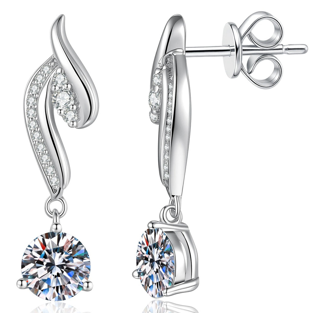 Swirl Moissanite Drop Earrings with CZ in White Gold-Plated S925 Silver on clean white background showing the pair and curved swirl drop earrings with a suspended round moissanite stone