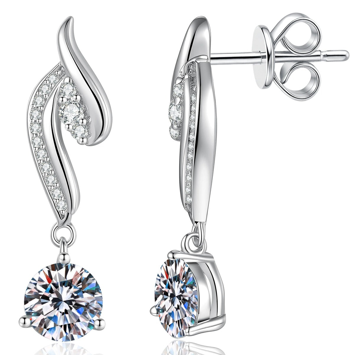 Swirl Moissanite Drop Earrings with CZ in White Gold-Plated S925 Silver on clean white background showing the pair and curved swirl drop earrings with a suspended round moissanite stone