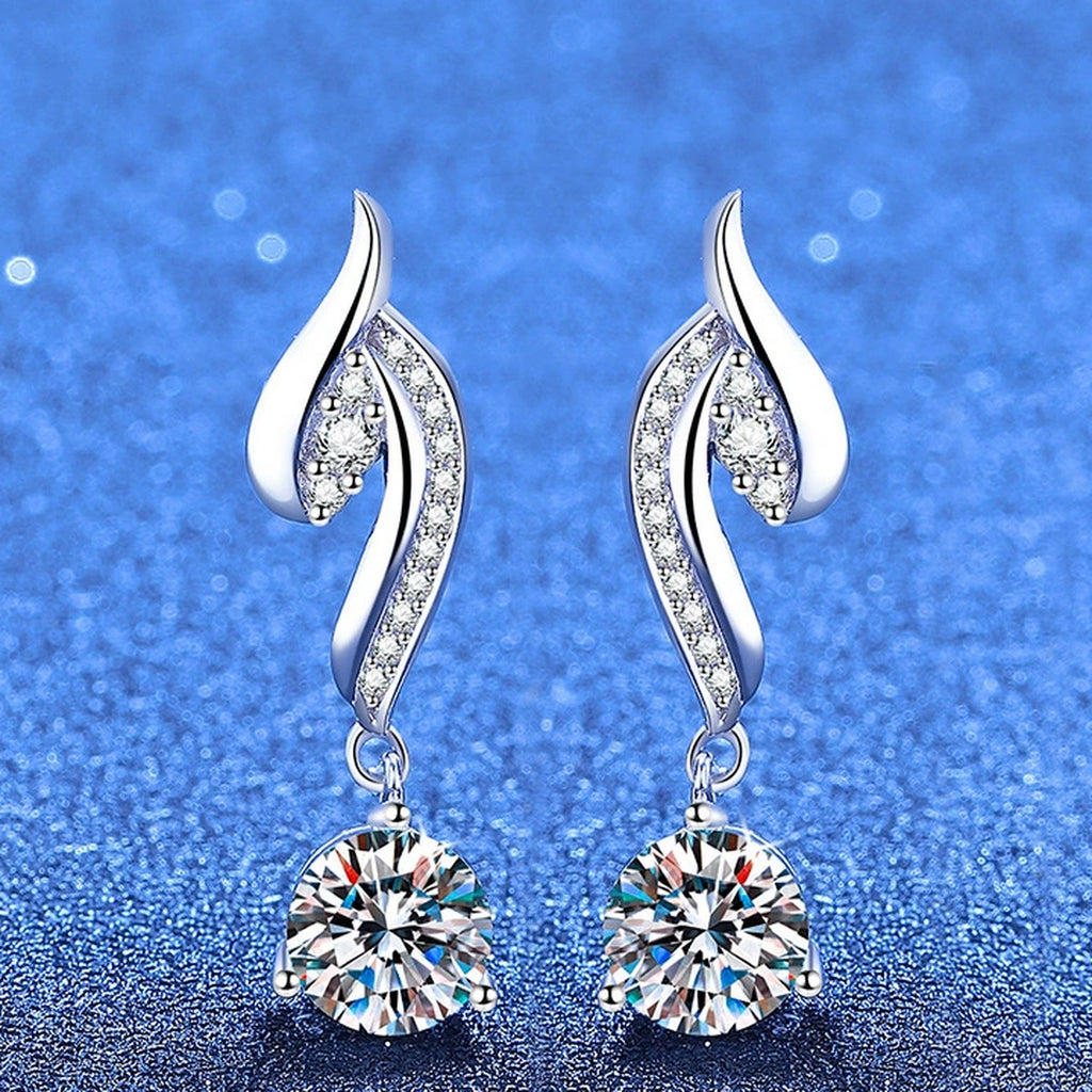 Swirl Moissanite Drop Earrings with CZ in White Gold-Plated S925 Silver blue scene product view
