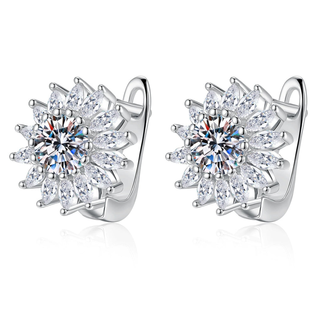 Floral Cluster Moissanite Stud Earrings with CZ in White Gold-Plated S925 on clean white background showing the pair and floral cluster stud earrings with marquise-style accents around moissanite