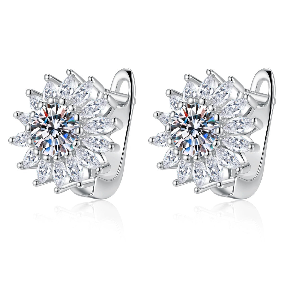 Floral Cluster Moissanite Stud Earrings with CZ in White Gold-Plated S925 on clean white background showing the pair and floral cluster stud earrings with marquise-style accents around moissanite