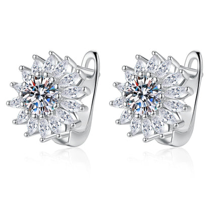 Floral Cluster Moissanite Stud Earrings with CZ in White Gold-Plated S925 on clean white background showing the pair and floral cluster stud earrings with marquise-style accents around moissanite