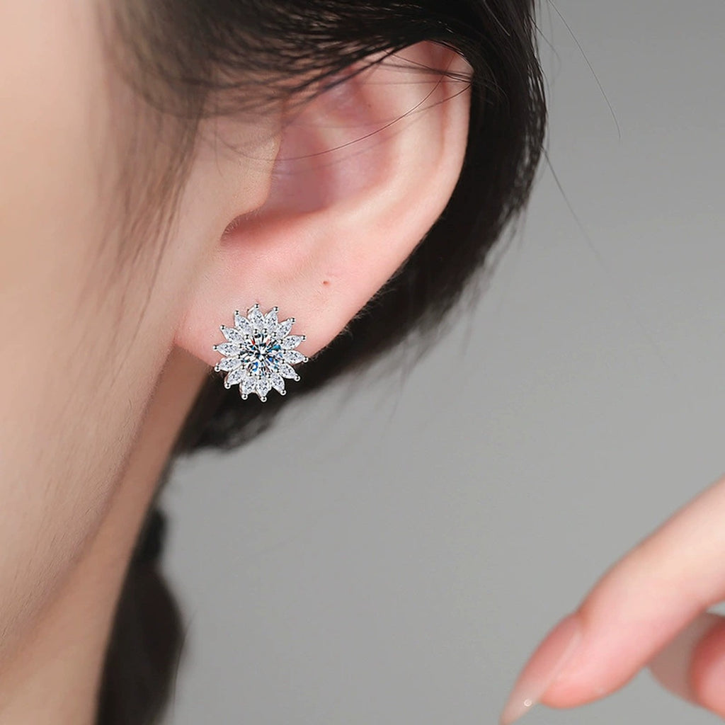 Floral Cluster Moissanite Stud Earrings with CZ in White Gold-Plated S925 worn on ear by model
