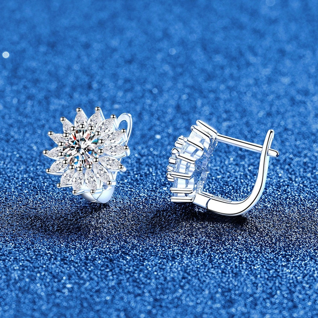 Floral Cluster Moissanite Stud Earrings with CZ in White Gold-Plated S925 blue scene product view