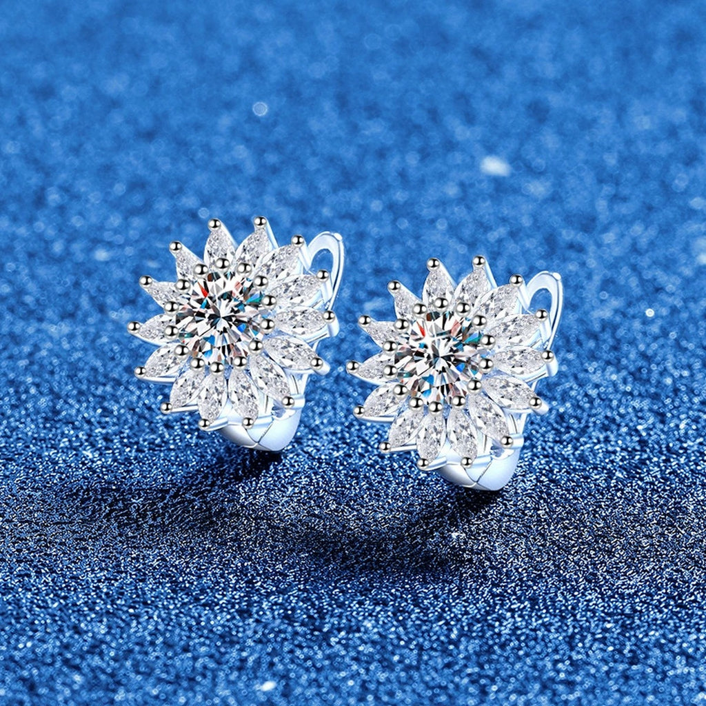 Floral Cluster Moissanite Stud Earrings with CZ in White Gold-Plated S925 blue scene angled view