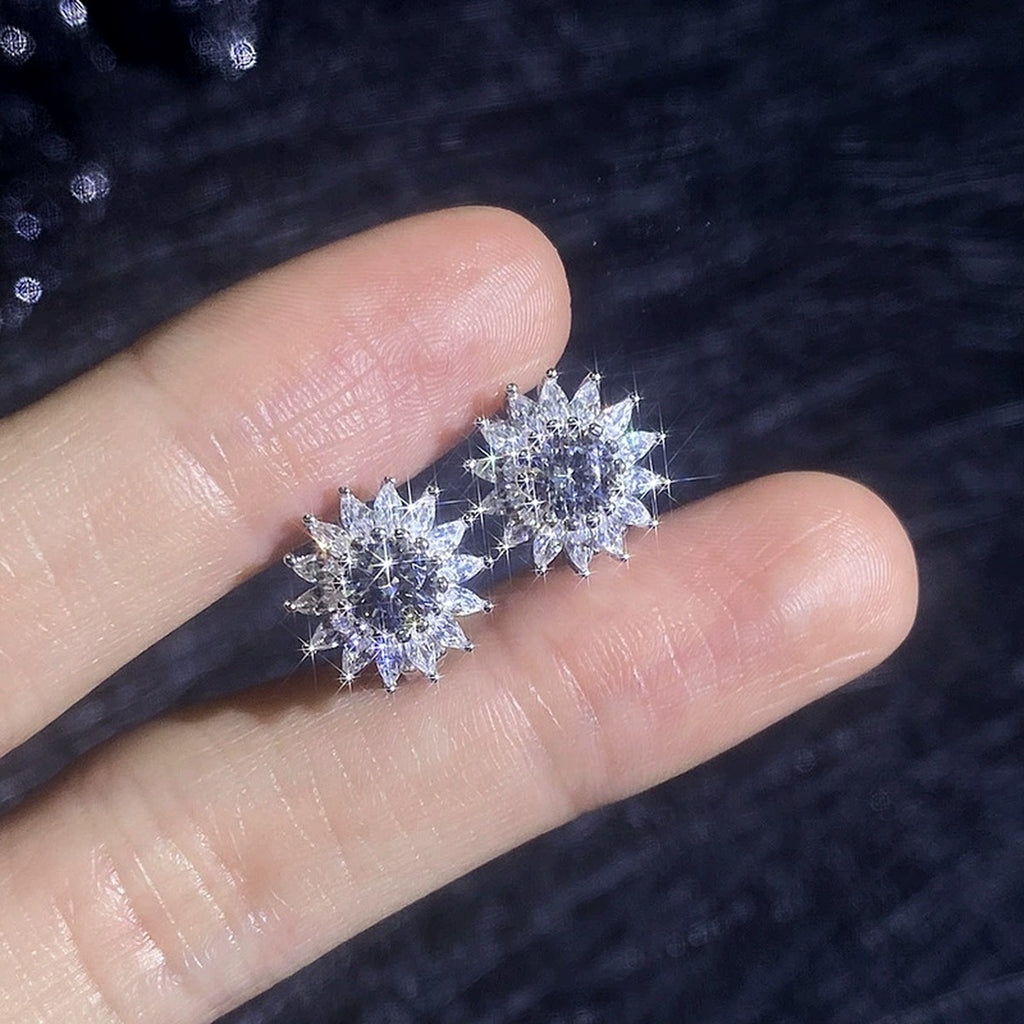 Floral Cluster Moissanite Stud Earrings with CZ in White Gold-Plated S925 close-up product detail view