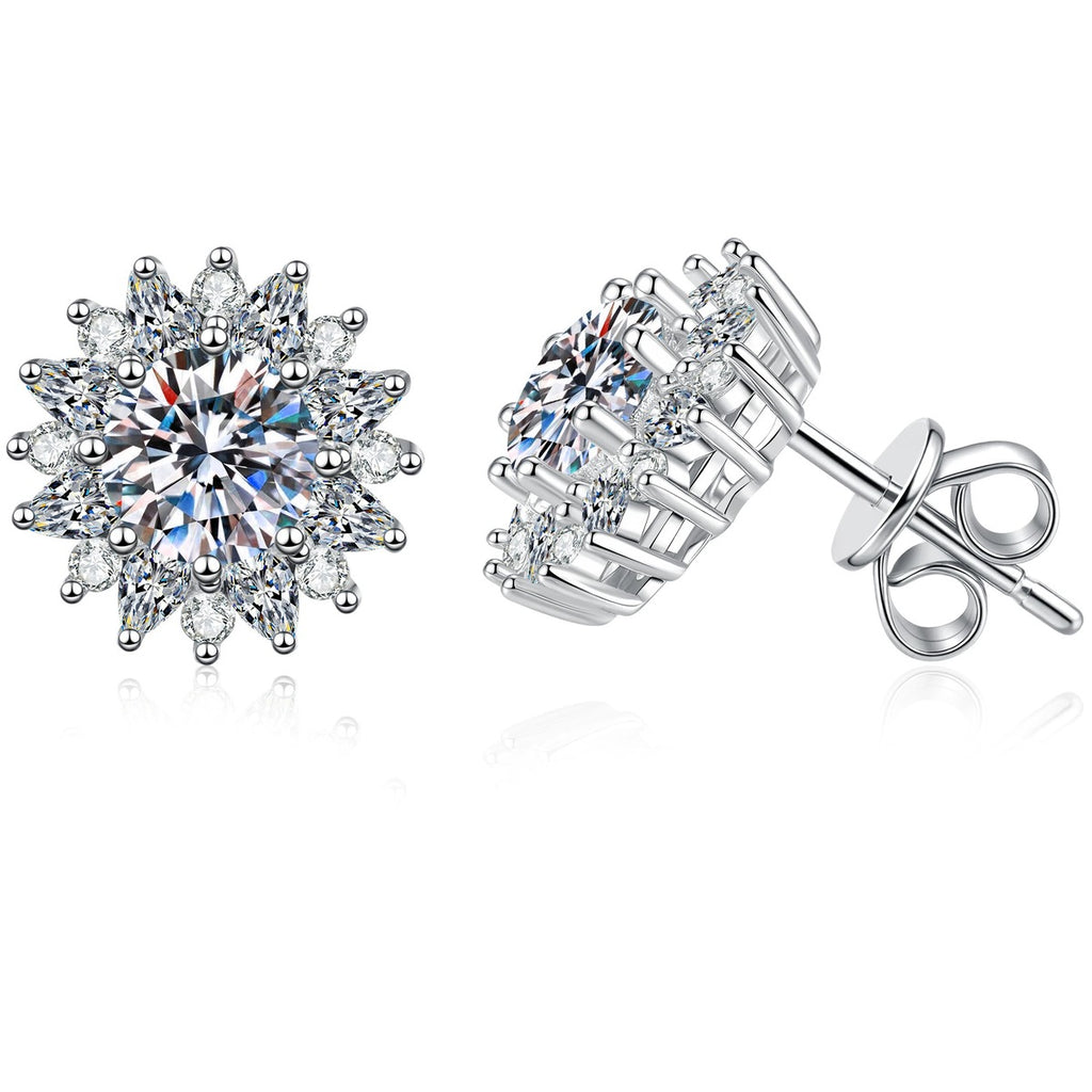 Sunburst Moissanite Stud Earrings with CZ in White Gold-Plated S925 on clean white background showing the pair and sunburst stud earrings with a large round moissanite center