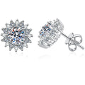 Sunburst Moissanite Stud Earrings with CZ in White Gold-Plated S925 on clean white background showing the pair and sunburst stud earrings with a large round moissanite center