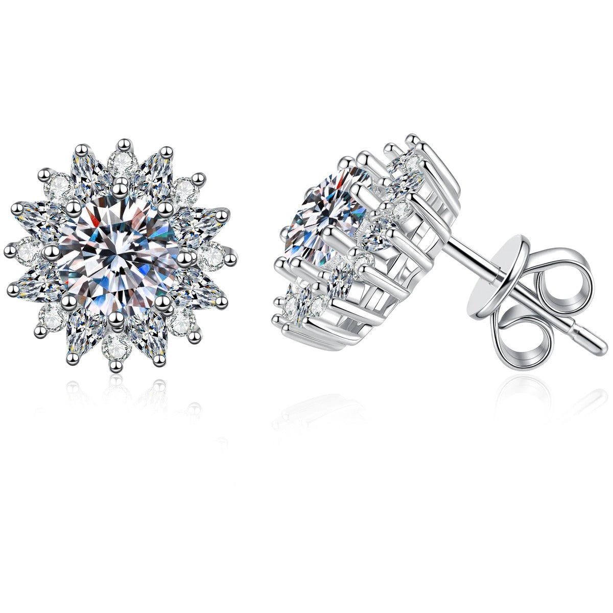 Sunburst Moissanite Stud Earrings with CZ in White Gold-Plated S925 on clean white background showing the pair and sunburst stud earrings with a large round moissanite center