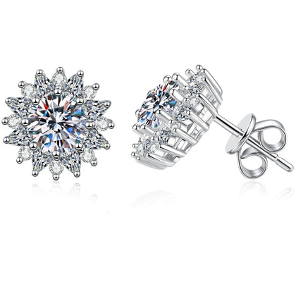 Sunburst Moissanite Stud Earrings with CZ in White Gold-Plated S925 on clean white background showing the pair and sunburst stud earrings with a large round moissanite center