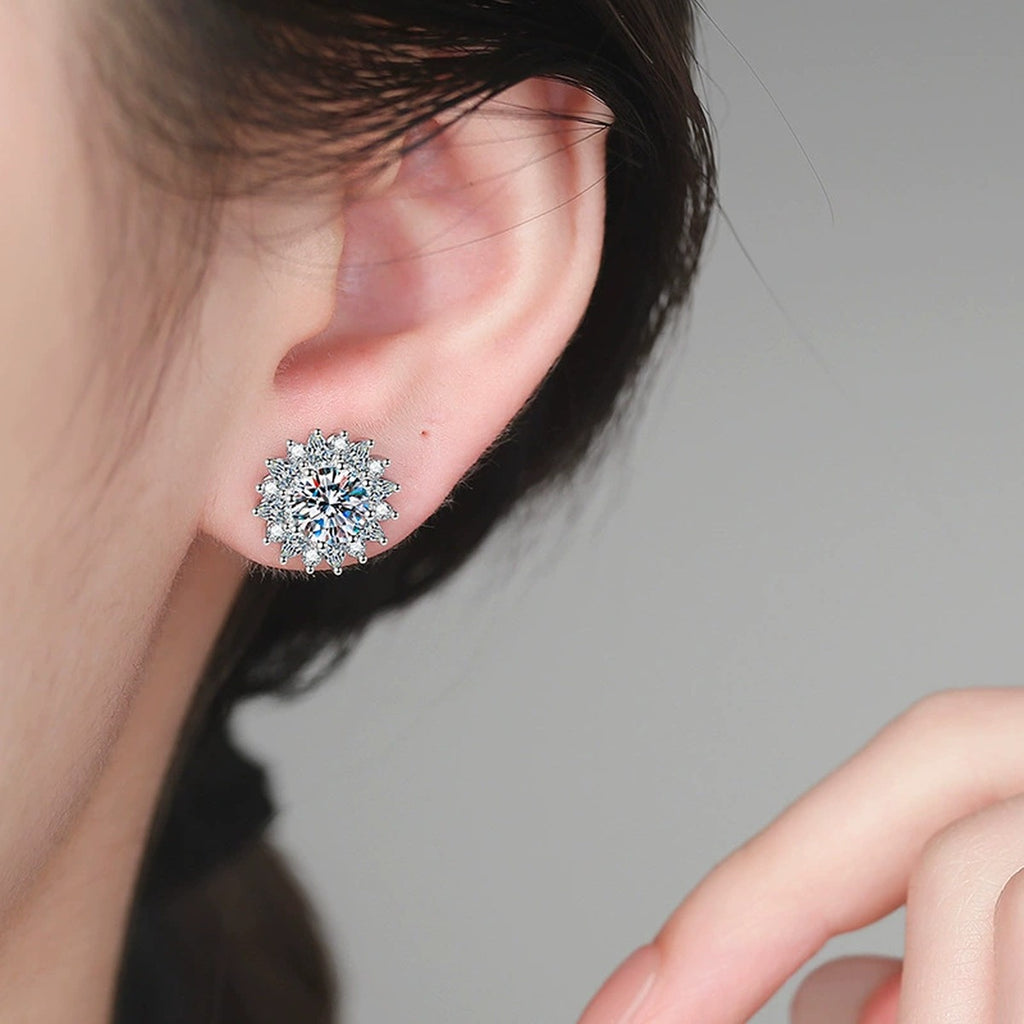 Sunburst Moissanite Stud Earrings with CZ in White Gold-Plated S925 worn on ear by model