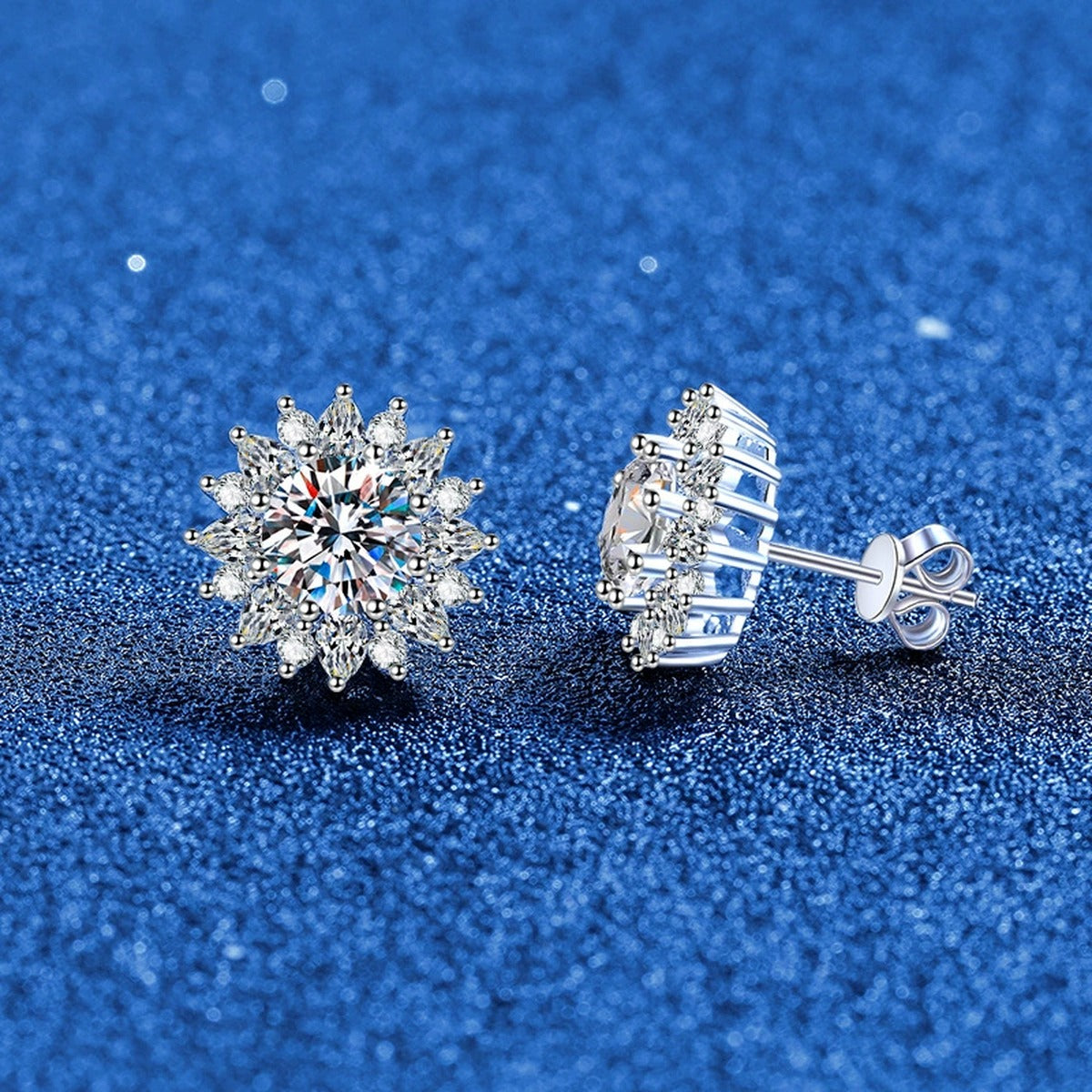 Sunburst Moissanite Stud Earrings with CZ in White Gold-Plated S925 blue scene product view