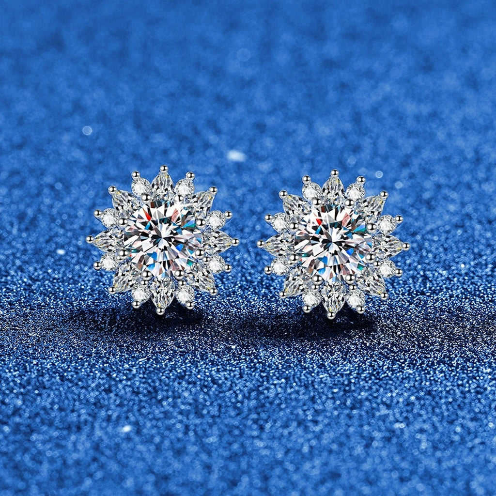 Sunburst Moissanite Stud Earrings with CZ in White Gold-Plated S925 blue scene angled view